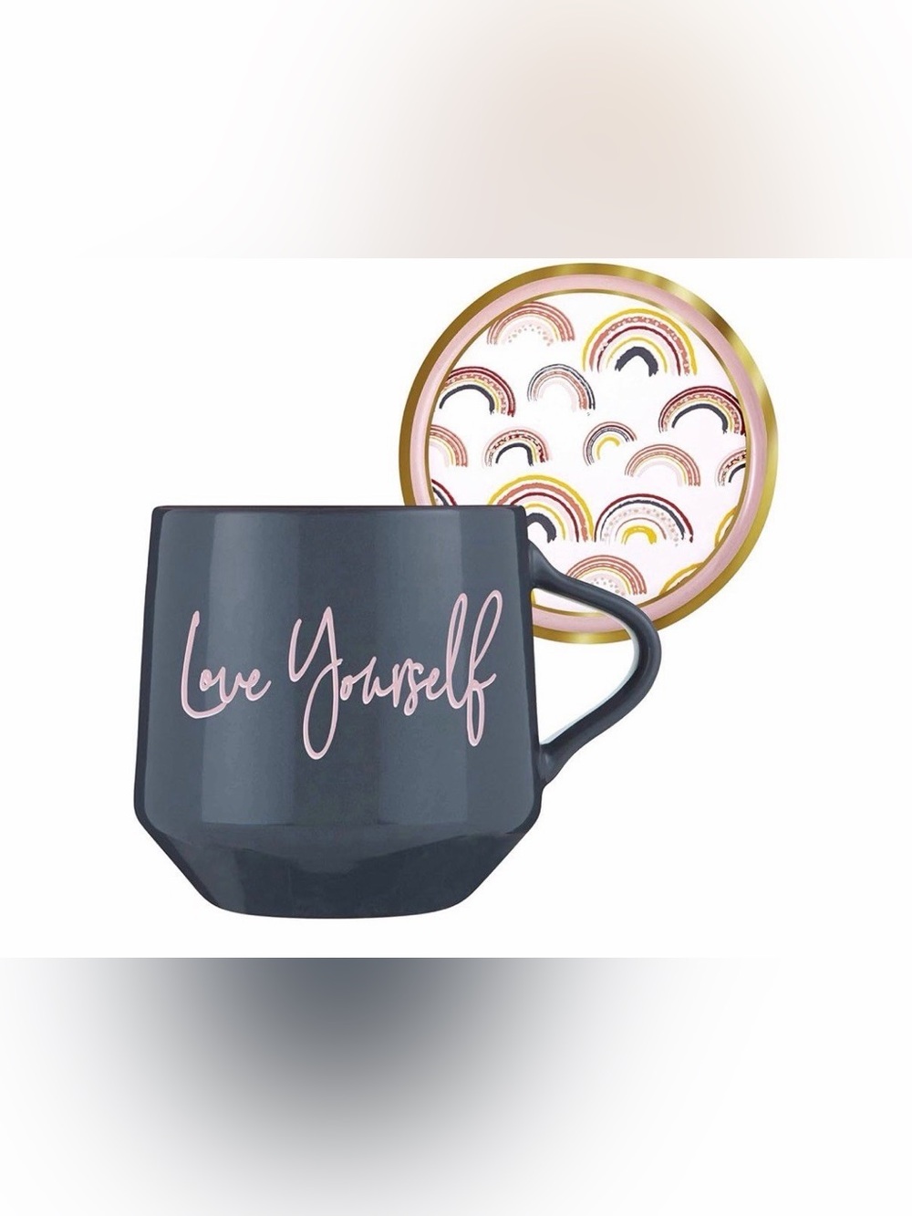 Slant Collections Gray and Pink Ceramic Mug with Coaster “love yourself” 13 oz